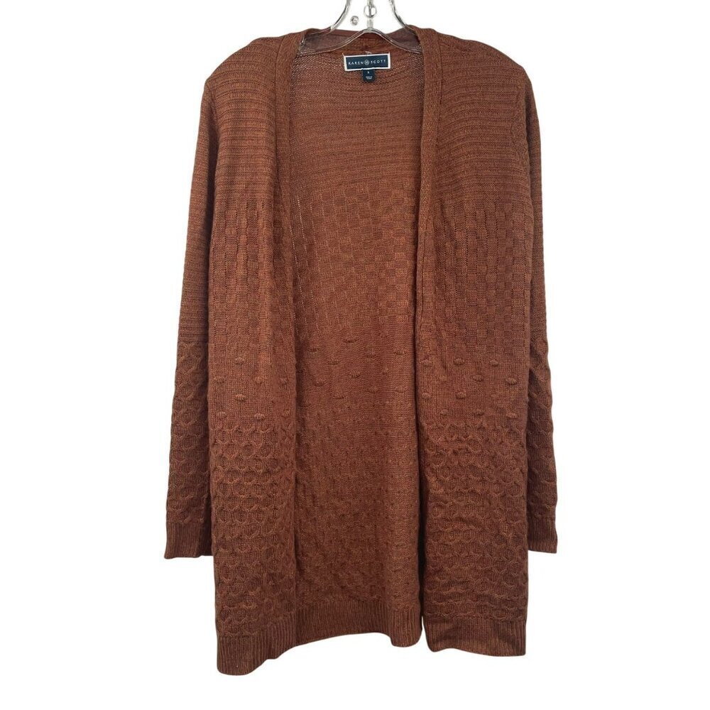 Karen Scott Womens Knit Cardigan Open Front Brown Rust Size Small